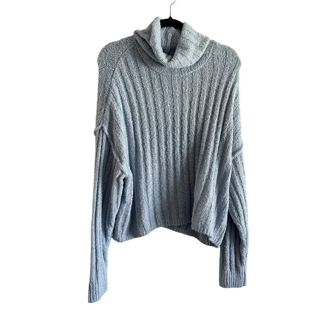American Eagle Women Sz L Blue Turtleneck Long Sleeve Oversized Cropped Sweater